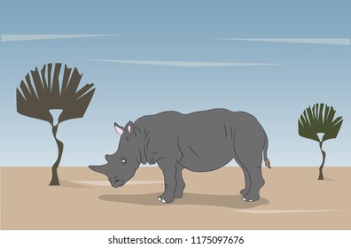 gray rhino is standing in nature, vector, white background