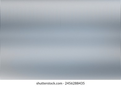 Gray ribbed corrugated metal sheet texture. Reeded silver glass transparent overlay. Acrylic fluted door stricture, frozen sheet construction for building separation. Repeat relief of steel panel