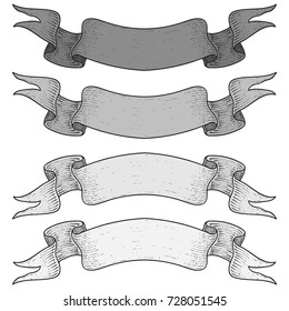 Gray ribbon banners. Set of scrolls. Hand drawn sketch. Vector illustration isolated on white background