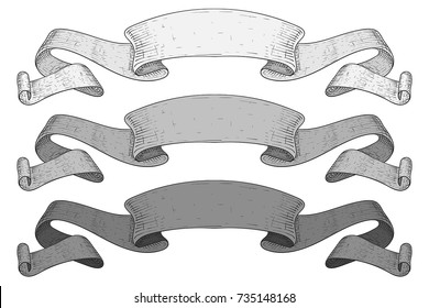 Gray ribbon banners. Set of scrolls. Hand drawn sketch. Vector illustration isolated on white background