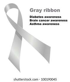 Gray ribbon. Diabetes awareness. Brain cancer awareness. Asthma awareness. Vector illustration.