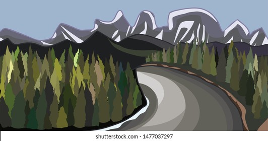 Gray river among mountains and forests