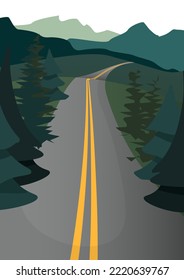 Gray road with two yellow stripes in the middle of a dark green forest