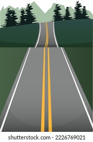 Gray road with two yellow stripes in perspective and behind mountains and forest