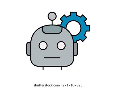 Cabeza de robot gris con un engranaje azul que representa la inteligencia artificial