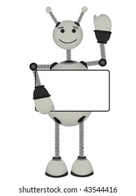 Gray Robot holds blank ad sign smiles waves