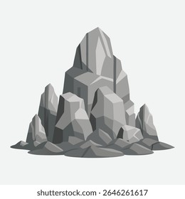 A gray rock mountain formation with sharp peaks isolated on white background.