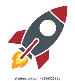A gray rocket ship with red fins and nose cone blasts off into the sky with vibrant orange flames and smoke, symbolizing power and exploration