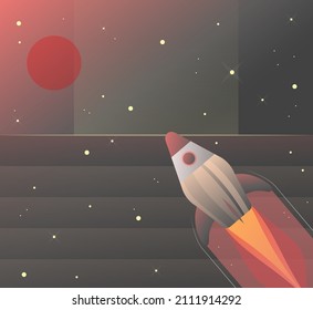 Gray rocket in space. Illustration with stars, galaxy. Minimalistic bright poster with a gradient. Geometric children's background for interior design.