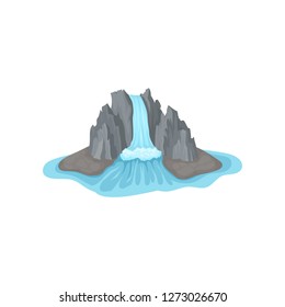 Gray rocky mountain on island surrounded by water. Big waterfall. Landscape element for mobile game. Flat vector icon