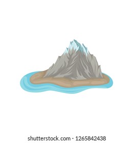 Gray rocky mountain with snowy peak on island surrounded by blue water. Natural landscape. Flat vector icon