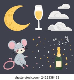 Gray rodent mouse, animal vector illustration on a white background. The mouse sits on a month and drinks champagne. A rat that rests on the moon.