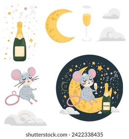 Gray rodent mouse, animal vector illustration on a white background. The mouse sits on a month and drinks champagne. A rat that rests on the moon.