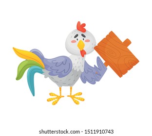 Gray rooster holds a plate,. Vector illustration on a white background.