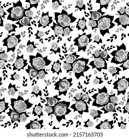 Gray roses on the white background, silhouette, contrasting, monochrome seamless pattern. Vector