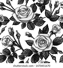 gray roses pattern seamless with black leafs isolated on white background, vector repeat tile flower