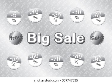 Gray Round Big Sale tags with Sale up to five nine percent text. Discount labels. Vector