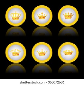 Gray round button with a picture of a crown on black, vector, 10eps.