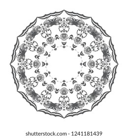 Gray round floral ornament on white background. Vector illustration