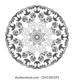 Gray round floral ornament on white background. Vector illustration