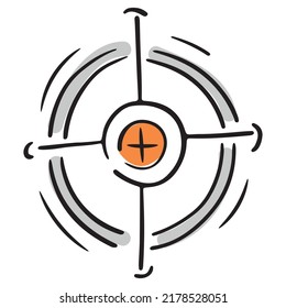 Gray Round Target With An Orange Center, Hitting The Bullseye, Vector Isolated Element In Doodle Style, White Background, Colored Business Doodles, Black Outline