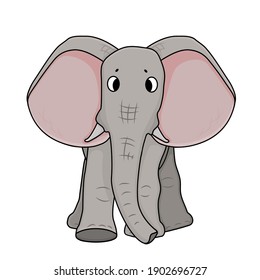 Gray running elephant with big ears. Animal is isolated on white background