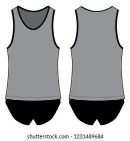 Gray Running Tank Top With Black Edging Design on White Background.Front and Back View, Vector File.