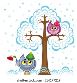 The gray sad owl in a green cap, warm boots, holds a red flower, looks at the owl in a pink cap sitting on a snow-covered tree. The vector illustration isolated on a white background.
