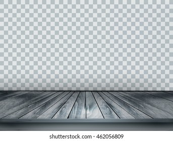 Gray scale background with wooden floor and a transparent back wall. Vector.