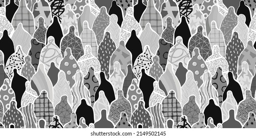 Gray scale diverse people crowd abstract art seamless pattern. Multi-ethnic person community team, retro cultural diversity group background illustration in black and white.