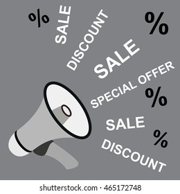 Gray scale megaphone icon with graphic sound sale and discount promotion or advertising and percent sign. Loudspeaker concept design Digital marketing ideas vector illustration stock vector.