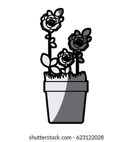 gray scale silhouette flowered roses planted with leaves in flowerpot vector illustration