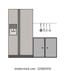 gray scale silhouette fridge and cabinet