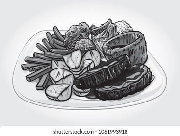 Gray scale vector illustration of a traditional English Sunday Roast dish.