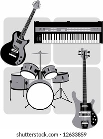 Gray Scale Vector Image Of Rock Or Jazz Combo Instruments: Guitar, Bass, Keyboard And Drums