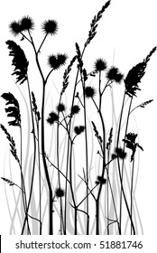 Gray scale vector silhouette of grass blades with bur. All separate objects.