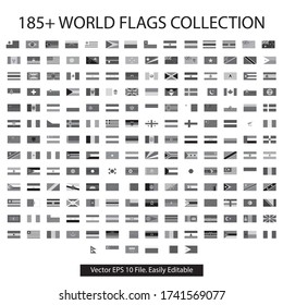 Gray scale world flag collection with vector file. black & white 185 plus nations flag vector jpeg flat icon logo collection