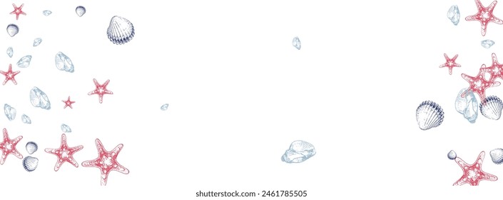 Gray Scallop Background White Vector. Shell Drawing Set. Whimsical Illustration. Red Snail Pretty Wallpaper.