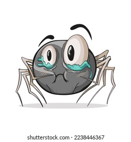 Gray scared spider with tears in his eyes. Cartoon character isolated on white background.