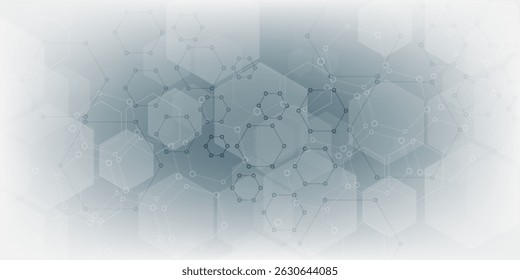 Fondo científico gris con línea de ADN y células hexagonales. diseño moderno