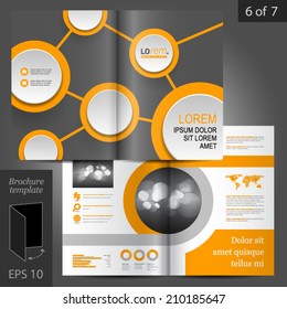 Gray scientific vector brochure template design with orange molecule elements