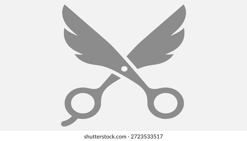 Gray scissors with wings on a white background, symbolizing creativity and cutting-edge design.