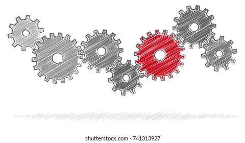 gray scribble gears for cooperation or teamwork symbolism with red leader