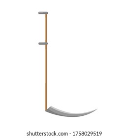 Gray scythe on white background isolated. Instrument for mowing  with wooden handle in style flat. Garden tool vector illustration design.