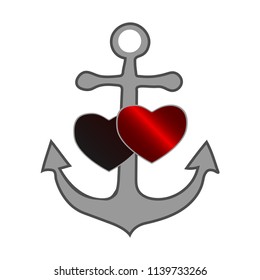 Gray sea anchor with a red and black heart symbolizing love and romance, a honeymoon trip or a love of boating and yachting, vector illustration