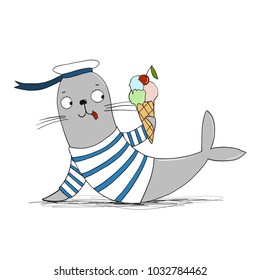 Gray seal in bleeder and sailor shirt eat an ice cream with cherry. Vector children book illustration.