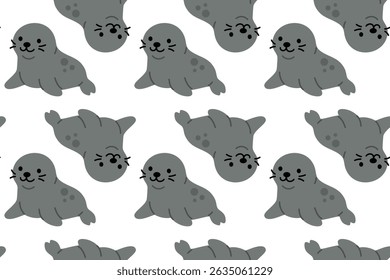 Gray seal seamless pattern with smiling faces and relaxed poses, ideal for marine-themed children’s illustrations