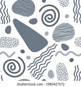 Gray seamless pattern. Abstract geometrical shapes. Hand drawn textured various shapes background. Modern gray vector For wallpaper, wrapping paper, textile, print. Trendy geometric shapes print