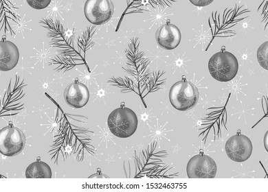 Gray seamless pattern with Christmas tree branches, snowflakes and balls. Black and white. For festive season design, textile, print, wallpapers, greeting cards, invitation, posters. Vintage. Vector.