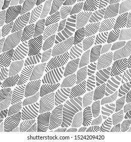 Gray seamless pattern, with different types of hand-made hatching. Wavy shaded elements look like leaves. Asymmetric monochrome vector abstraction. For the design of backgrounds, various surfaces